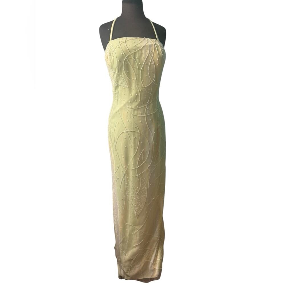 Vtg Beaded Mesh Halter Evening Gown Yellow Green Ethereal Fairycore Prom S